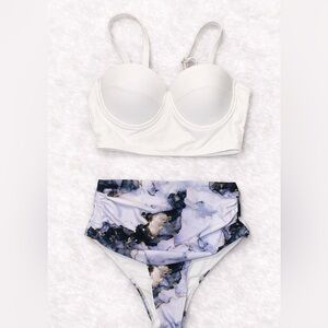 SHEIN Women’s Small White & Marble High Waisted Bikini Set Trendy Swimwear